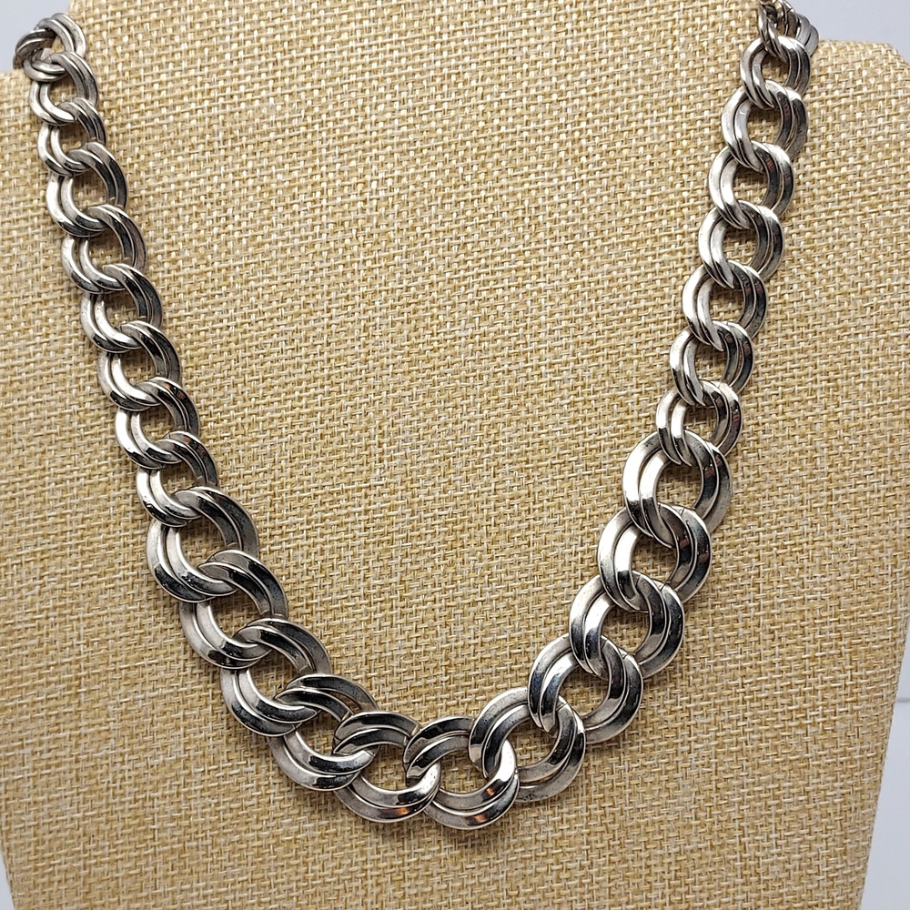 Vintage Graduated Double Curb Chain 18" Necklace Silver Tone Chunky 1980-1990